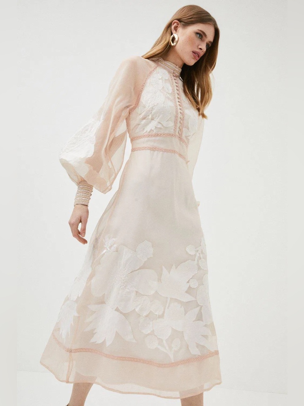 Organdie Appliqué Buttoned Woven Midi Dress